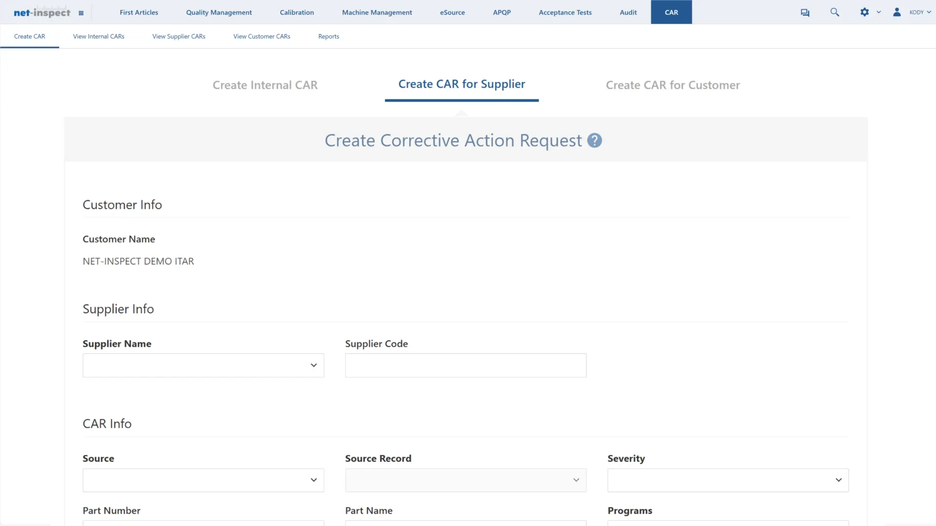 Net-Inspect CAR Module preview of Internal, Supplier, and Customer Corrective Action Requests